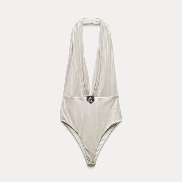 ZARA CONCH SHELL FOIL HALTER BODYSUIT SILVER SZ L - Picture 6 of 7